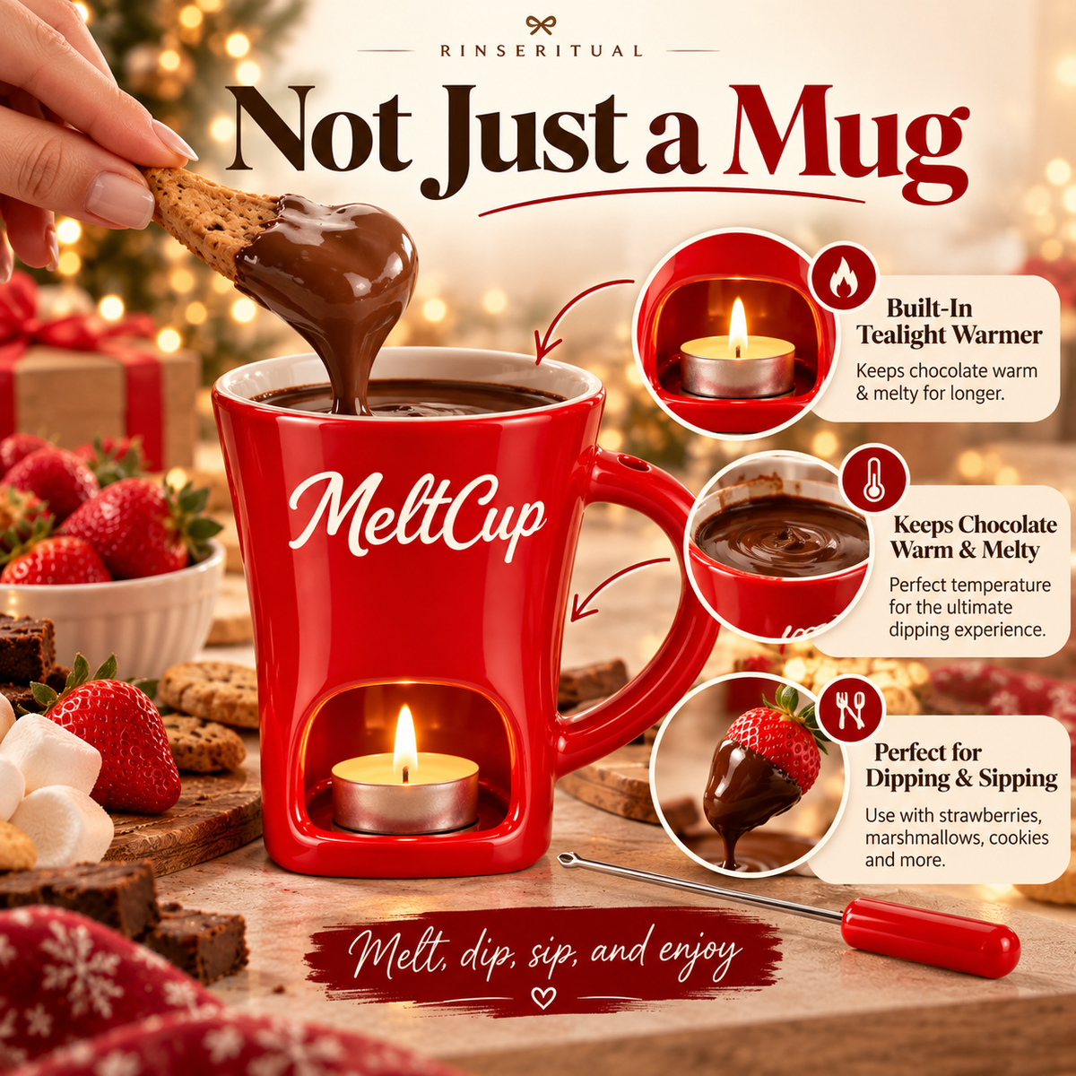RinseRitual Ceramic Fondue Mug with Tealight Warmer and Dipping Fork