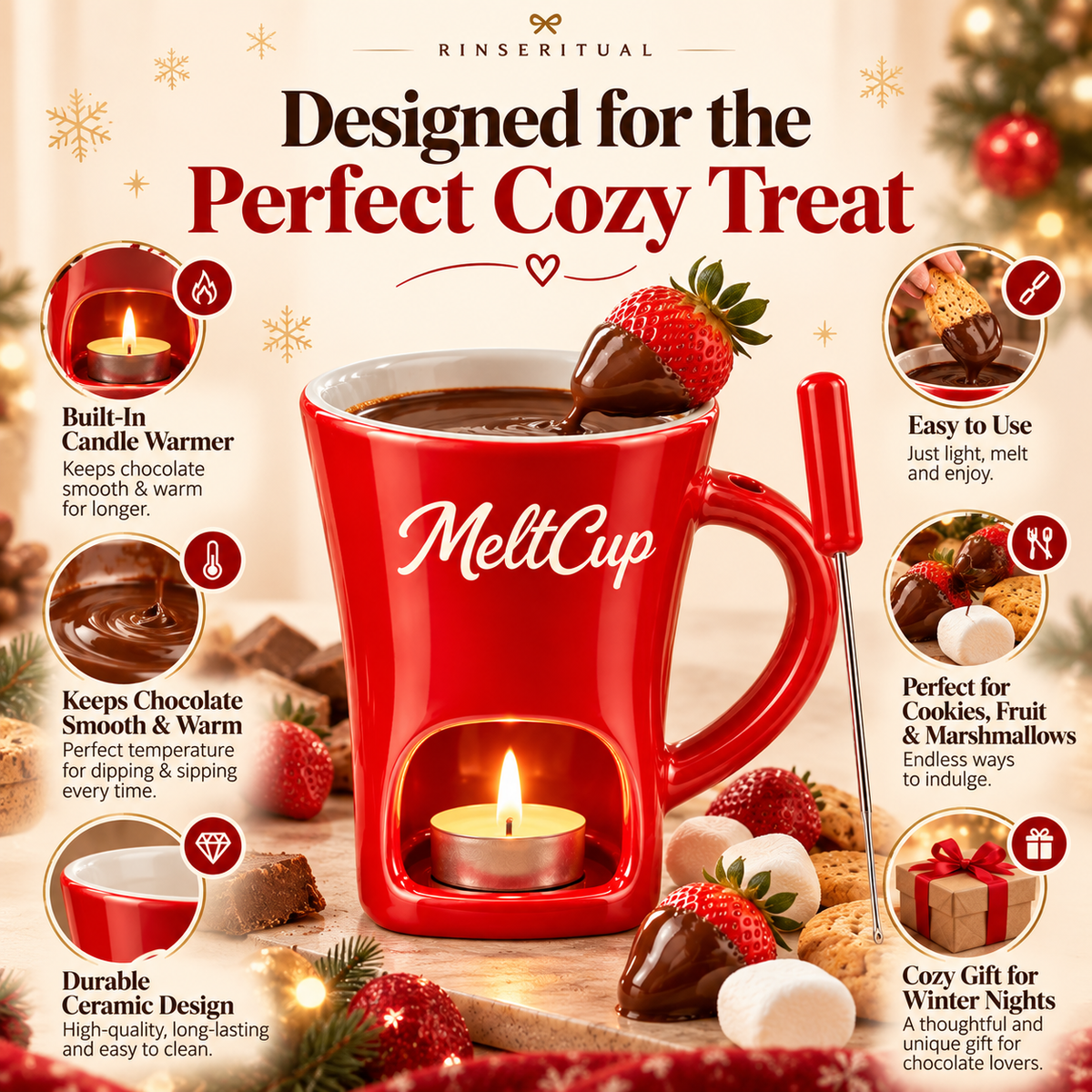 RinseRitual Ceramic Fondue Mug with Tealight Warmer and Dipping Fork