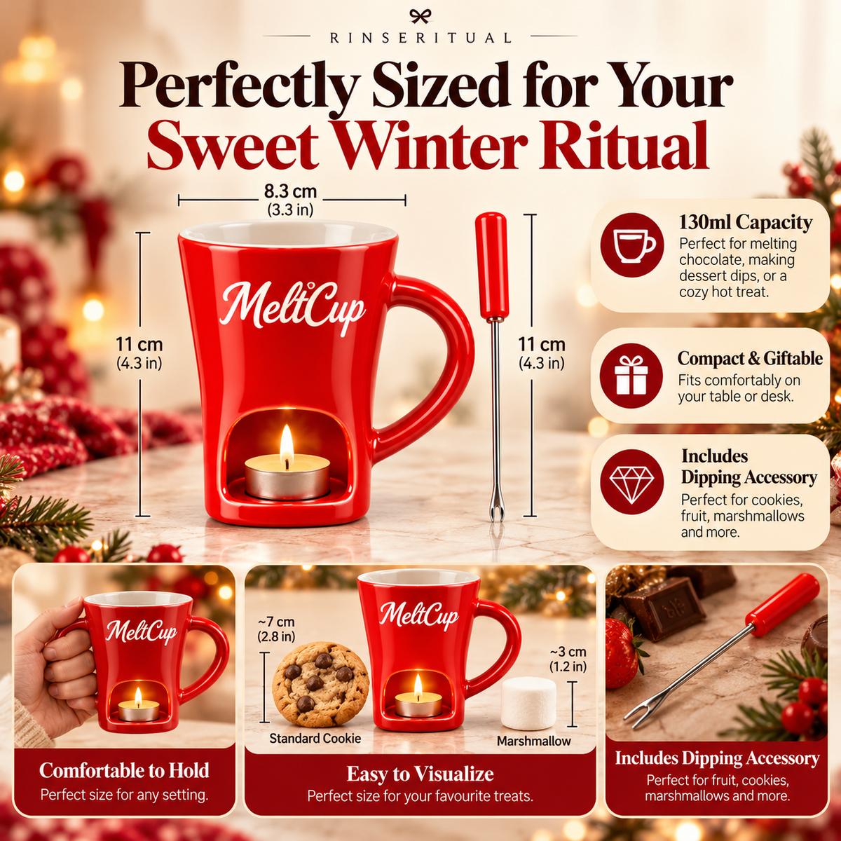 RinseRitual Ceramic Fondue Mug with Tealight Warmer and Dipping Fork